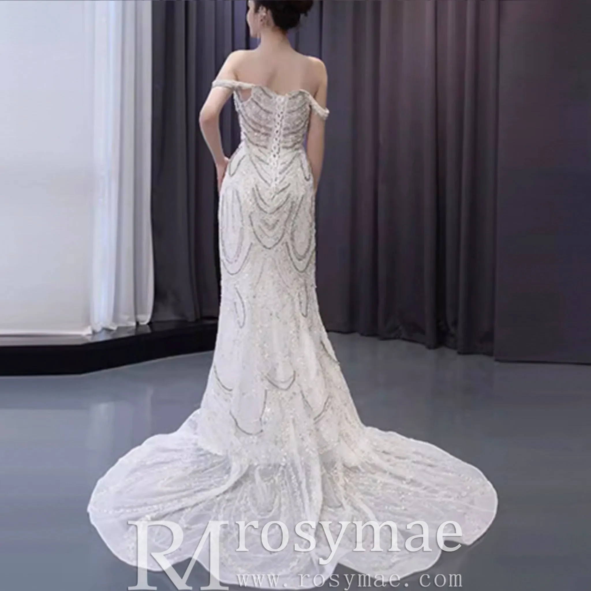 White Mermaid Off the Shoulder Pearls Beading Bride Wedding Dress