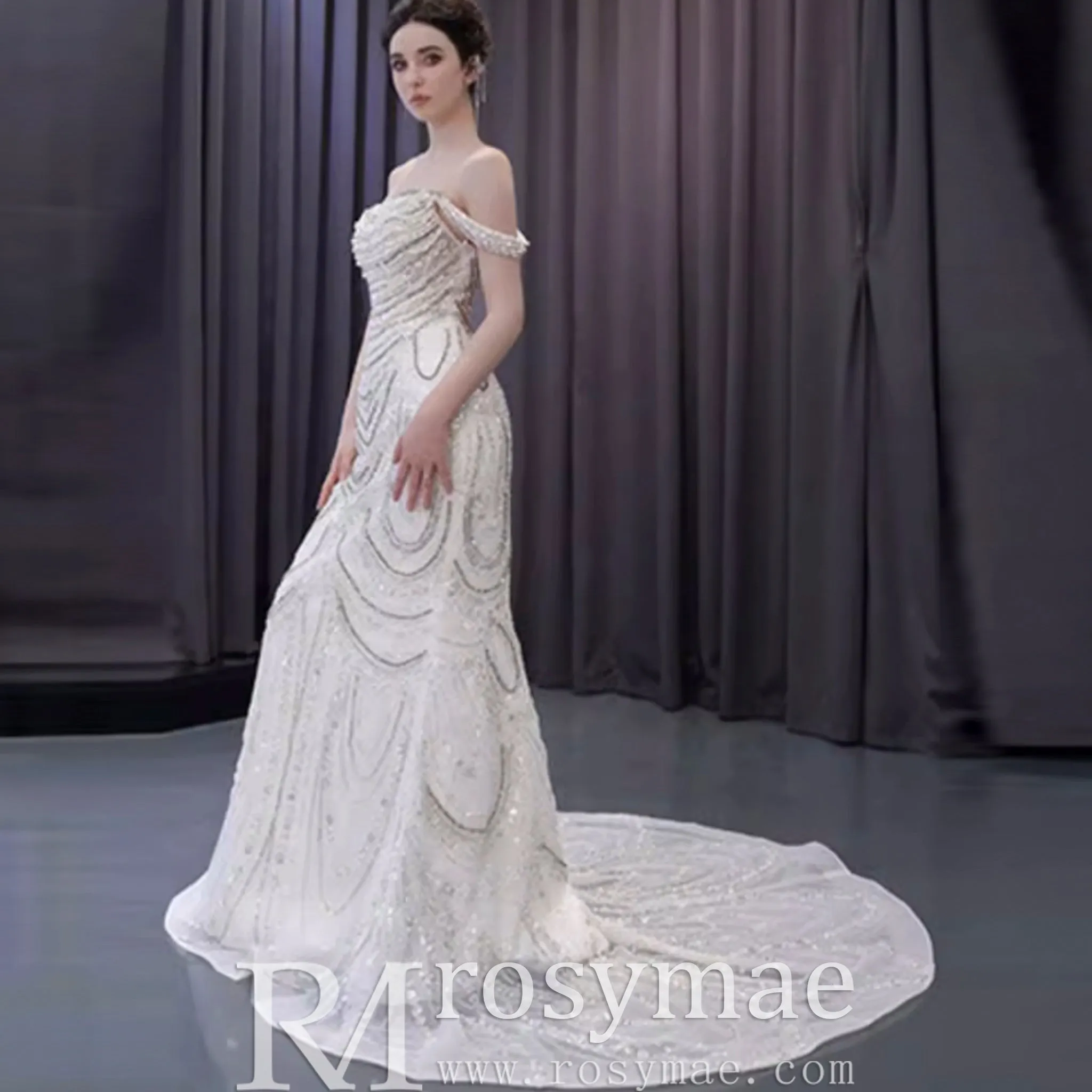 White Mermaid Off the Shoulder Pearls Beading Bride Wedding Dress