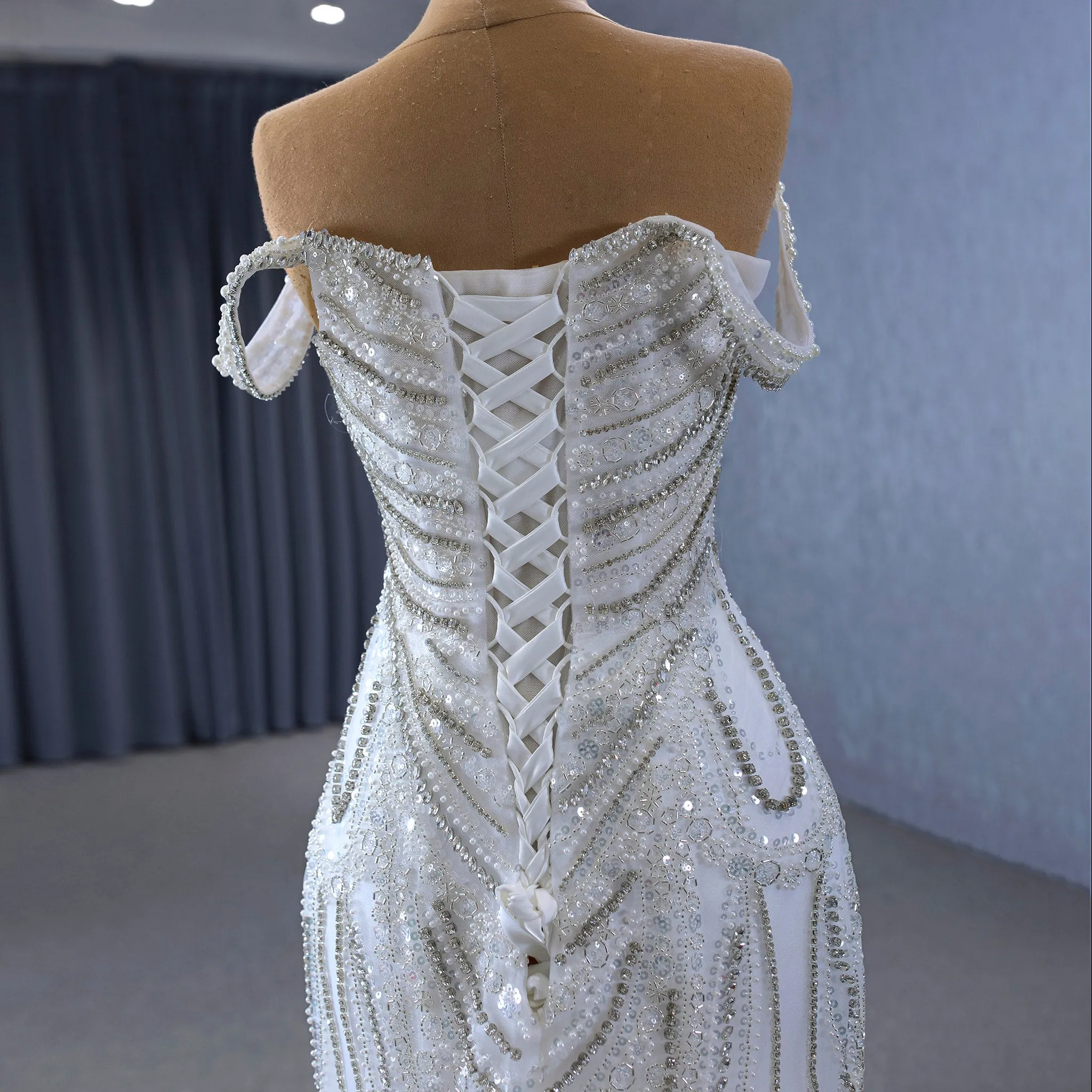 White Mermaid Off the Shoulder Pearls Beading Bride Wedding Dress