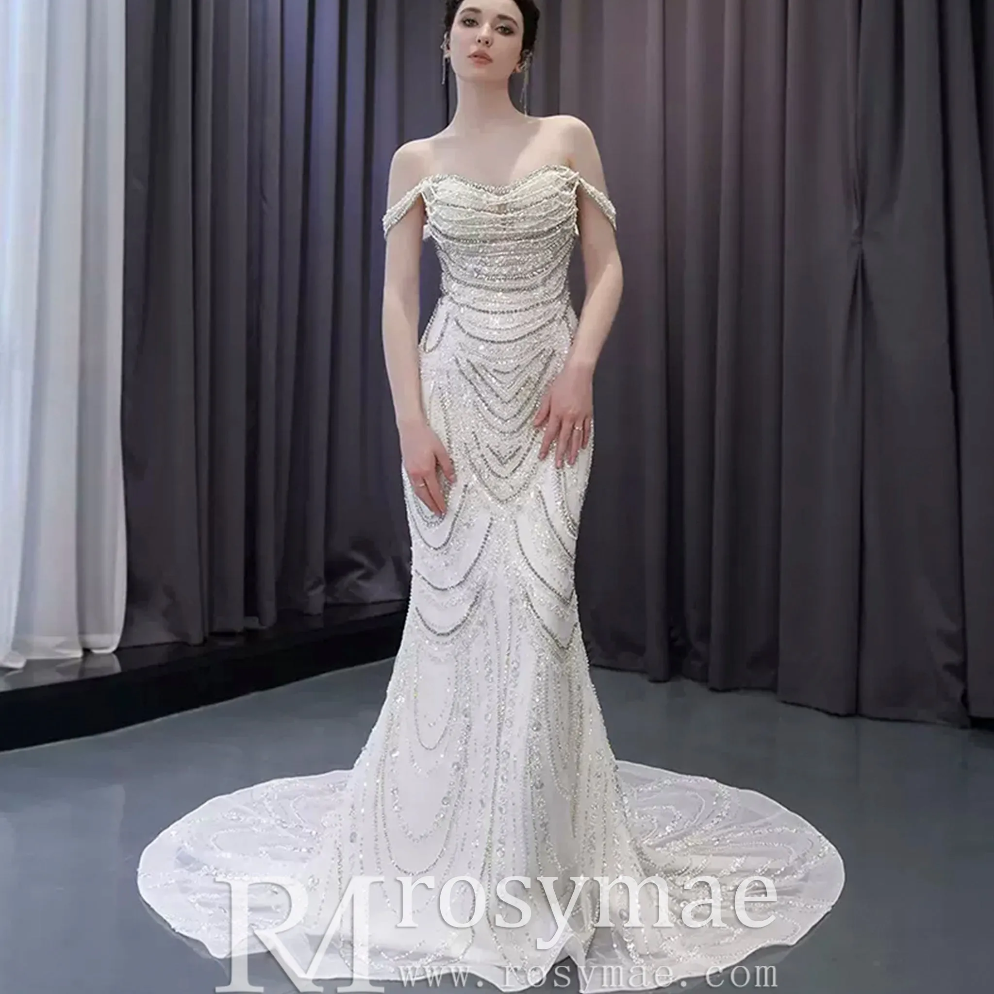 White Mermaid Off the Shoulder Pearls Beading Bride Wedding Dress