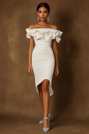 White Satin Off The Shoulder High-Low Engagement Dress with Ruffles
