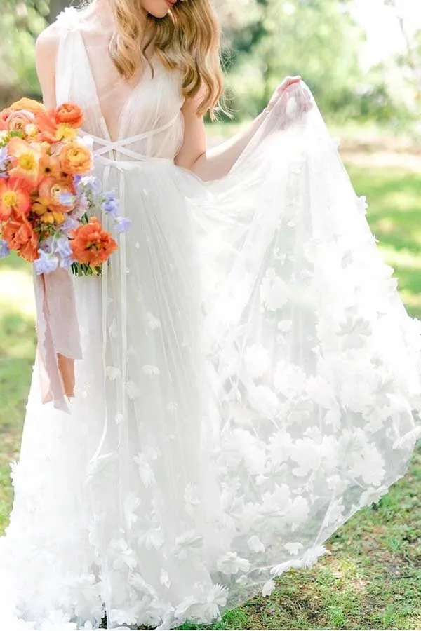 White Tulle A-line V-neck Flowers Beach Wedding Dresses, Bridal Gowns, MW730