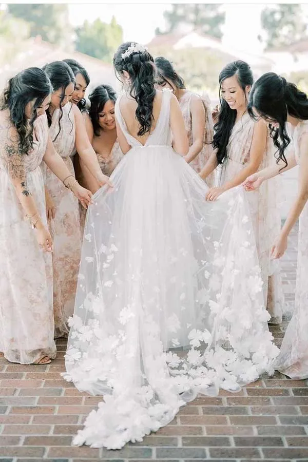 White Tulle A-line V-neck Flowers Beach Wedding Dresses, Bridal Gowns, MW730