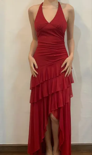 Wine Red Halter A-Line Chiffon Tiered Vintage Long Evening Party Dress, D592