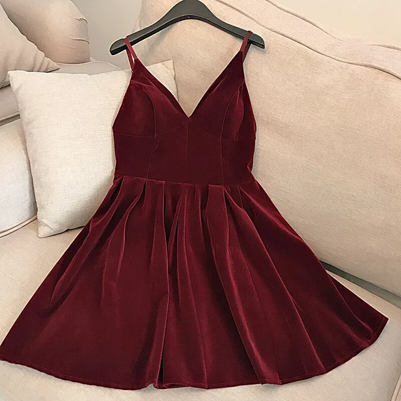 Wine Red Velvet Short V Back Homecoming Dress Party Dress, Dark Red Short Prom Dress