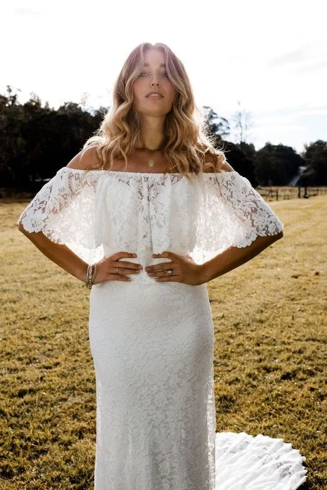 Women Boho Wedding Dress Lace Off-the-shoulder