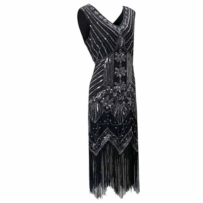 Women's Flapper Dresses 1920s V Neck Beaded Fringed Great Gatsby Dress