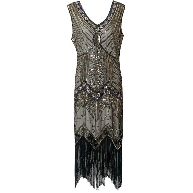 Women's Flapper Dresses 1920s V Neck Beaded Fringed Great Gatsby Dress