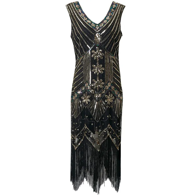 Women's Flapper Dresses 1920s V Neck Beaded Fringed Great Gatsby Dress