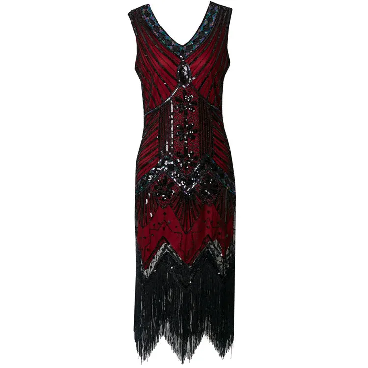 Women's Flapper Dresses 1920s V Neck Beaded Fringed Great Gatsby Dress