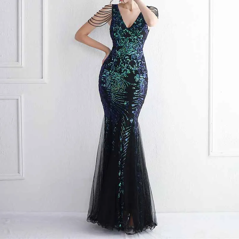 Women's Pattern Sequin Short Sleeve Flapper Mermaid Evening Dress Prom