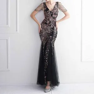 Women's Pattern Sequin Short Sleeve Flapper Mermaid Evening Dress Prom
