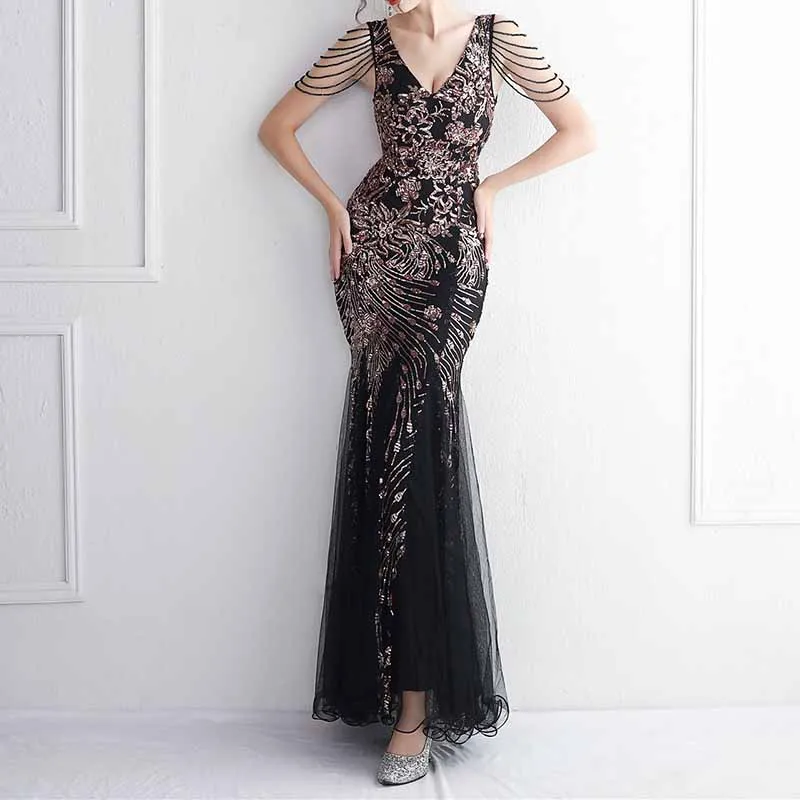 Women's Pattern Sequin Short Sleeve Flapper Mermaid Evening Dress Prom