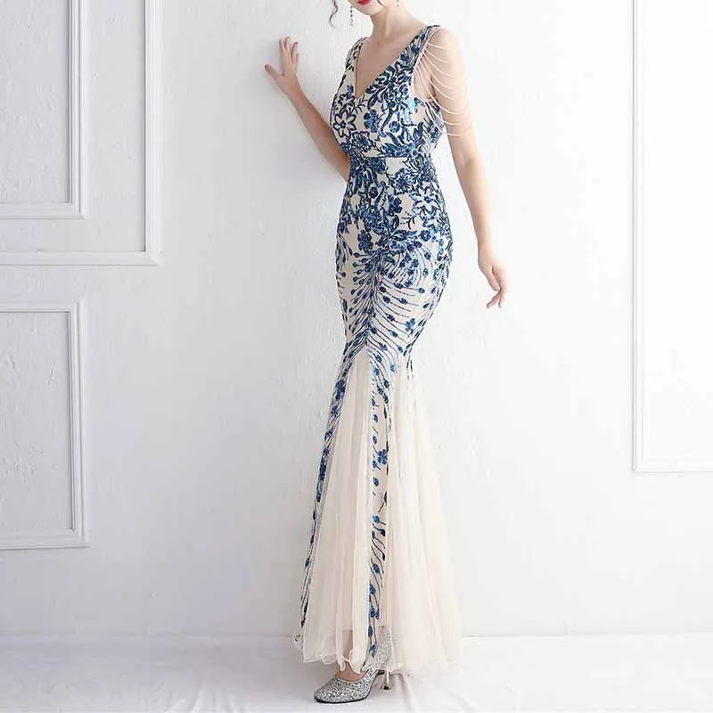 Women's Pattern Sequin Short Sleeve Flapper Mermaid Evening Dress Prom