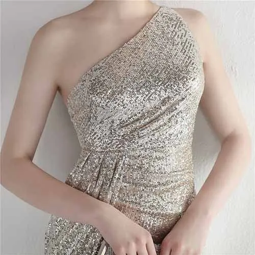 Women's Shinny Sequin Long Evening Dress One Shoulder Prom Gown