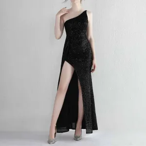 Women's Shinny Sequin Long Evening Dress One Shoulder Prom Gown