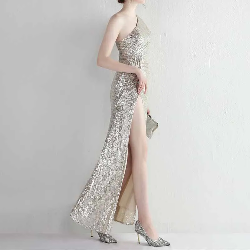 Women's Shinny Sequin Long Evening Dress One Shoulder Prom Gown