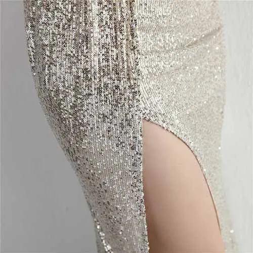 Women's Shinny Sequin Long Evening Dress One Shoulder Prom Gown