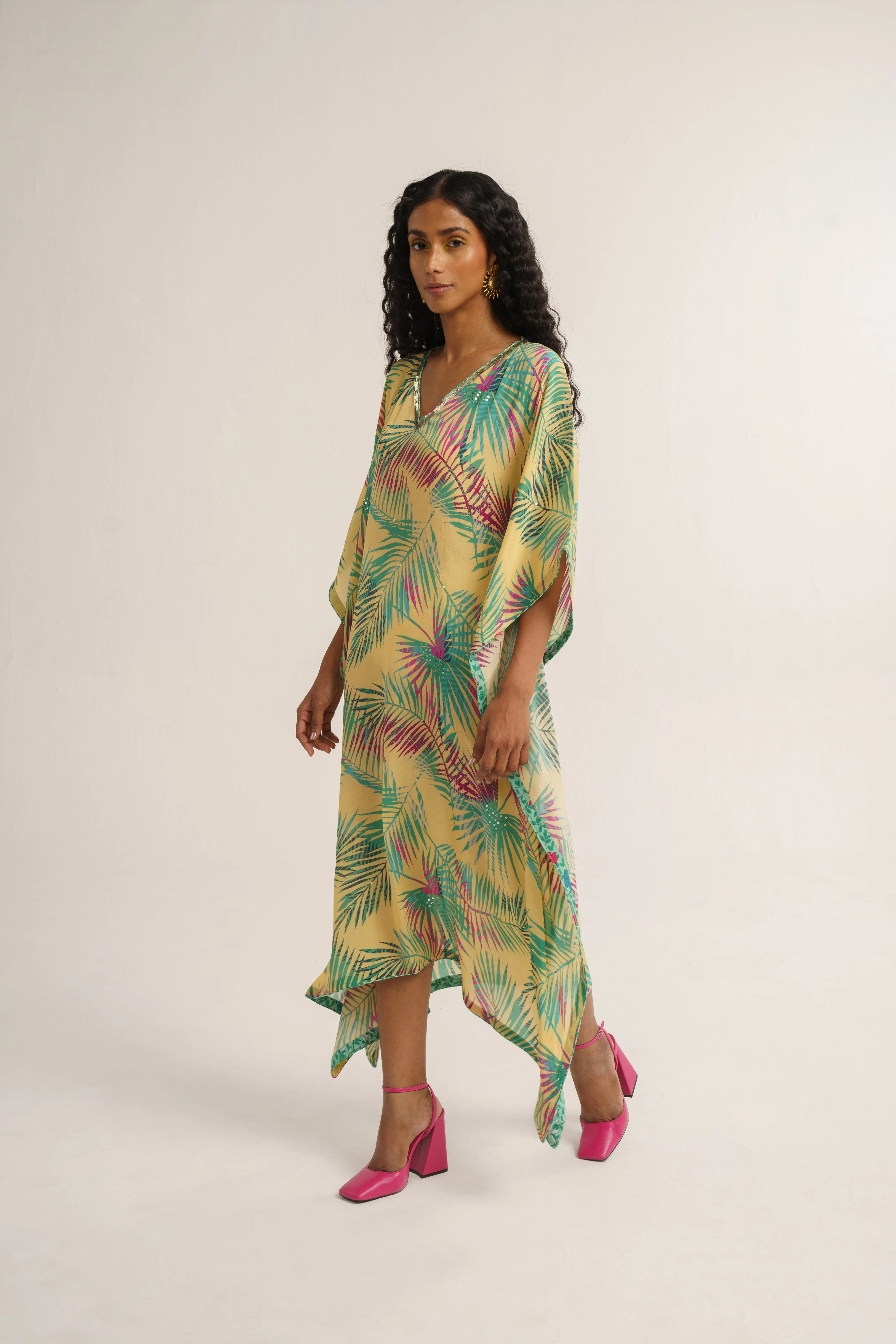 Yellow Crepe Silk Print Tropical V Neck Chrysanthemum Kaftan