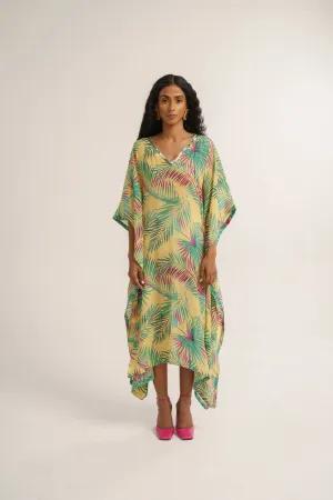 Yellow Crepe Silk Print Tropical V Neck Chrysanthemum Kaftan