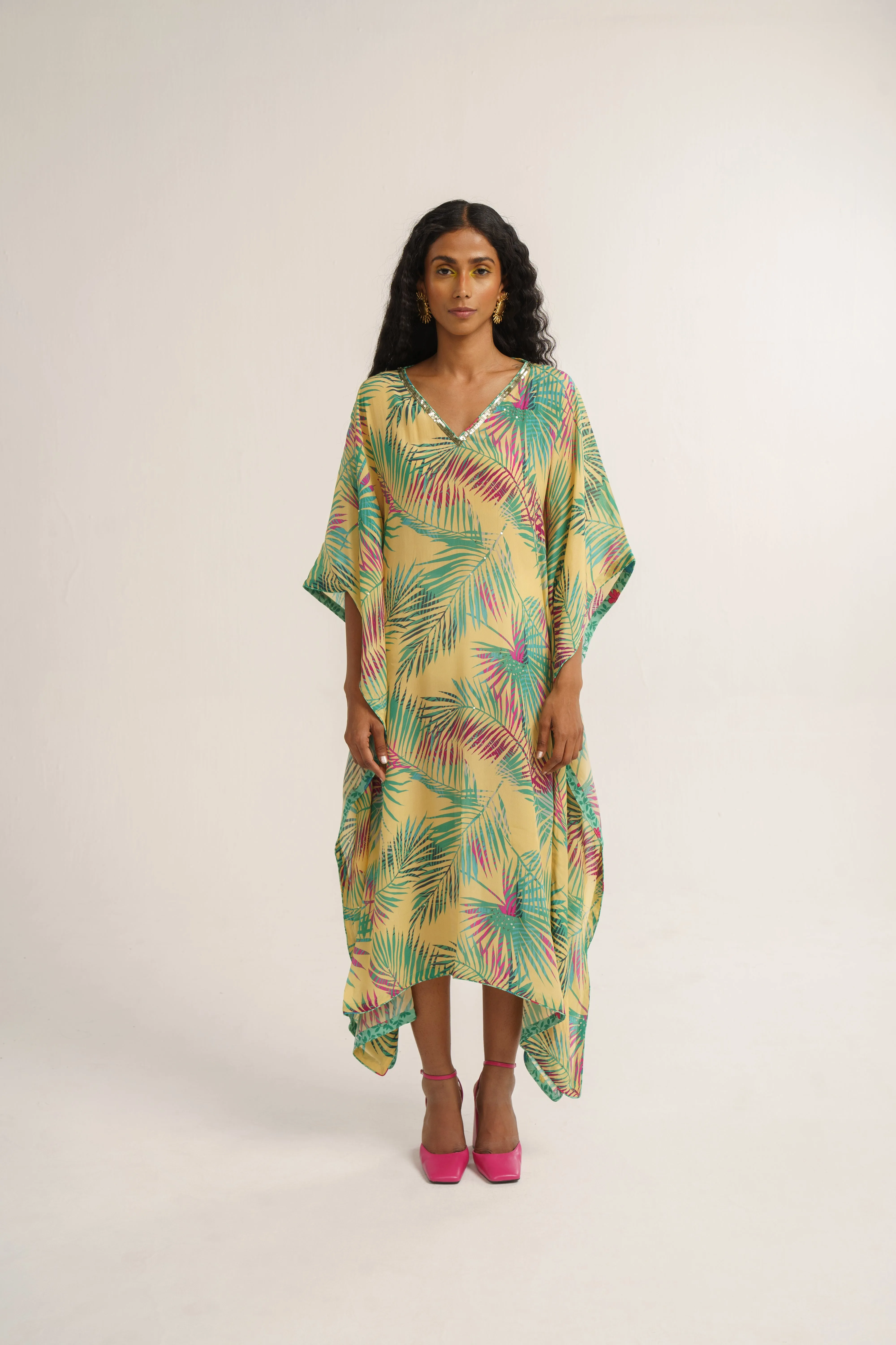 Yellow Crepe Silk Print Tropical V Neck Chrysanthemum Kaftan