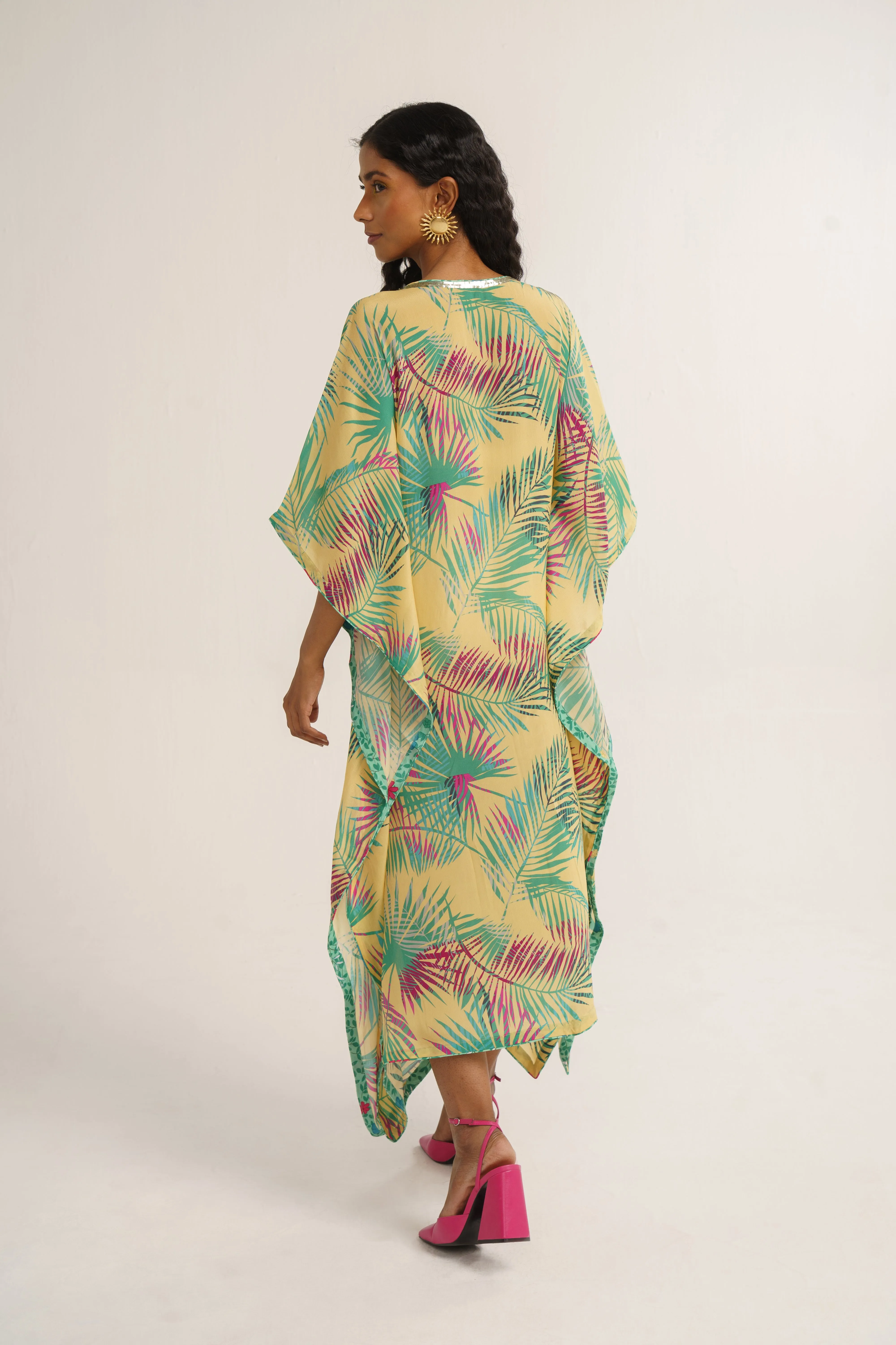 Yellow Crepe Silk Print Tropical V Neck Chrysanthemum Kaftan