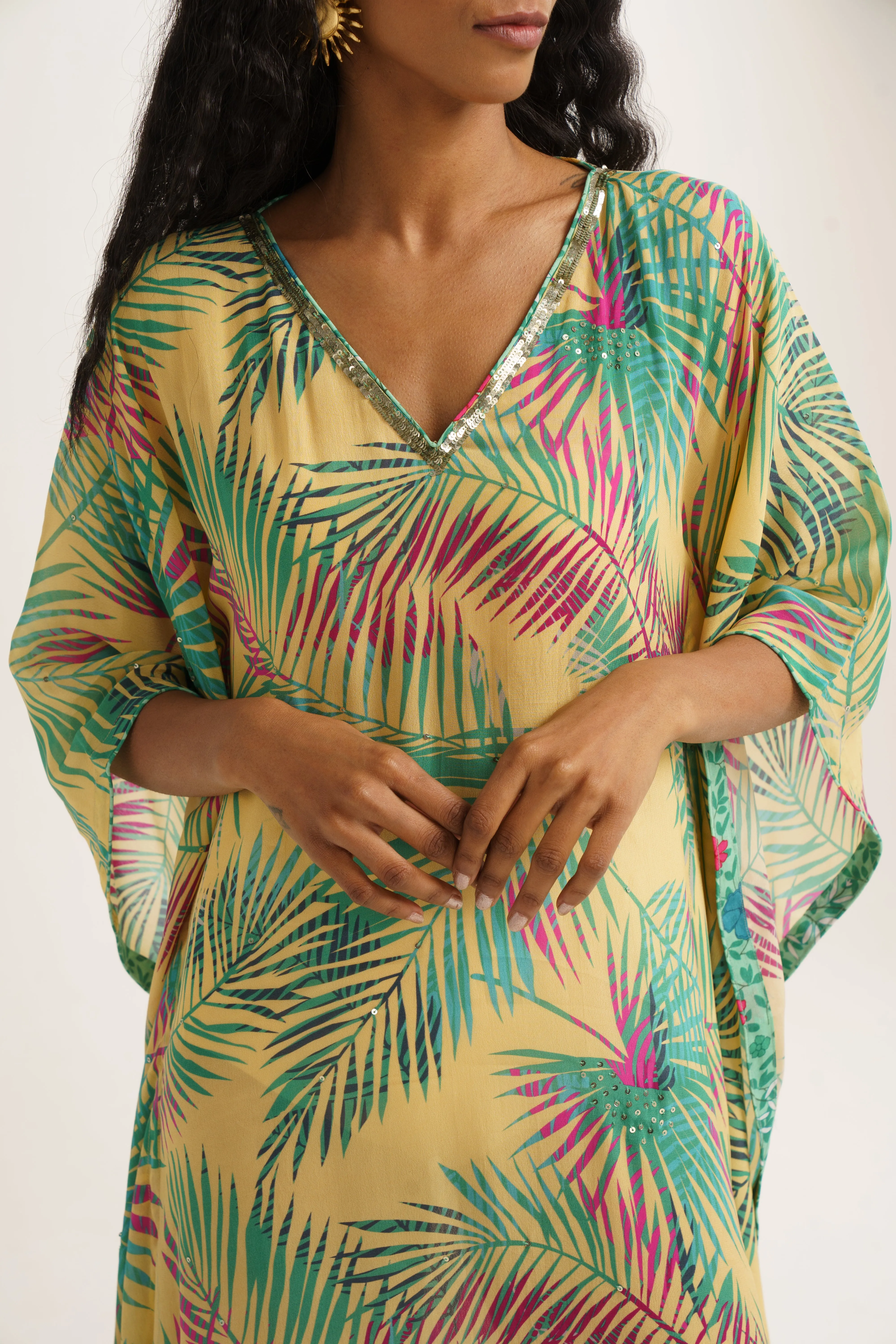 Yellow Crepe Silk Print Tropical V Neck Chrysanthemum Kaftan