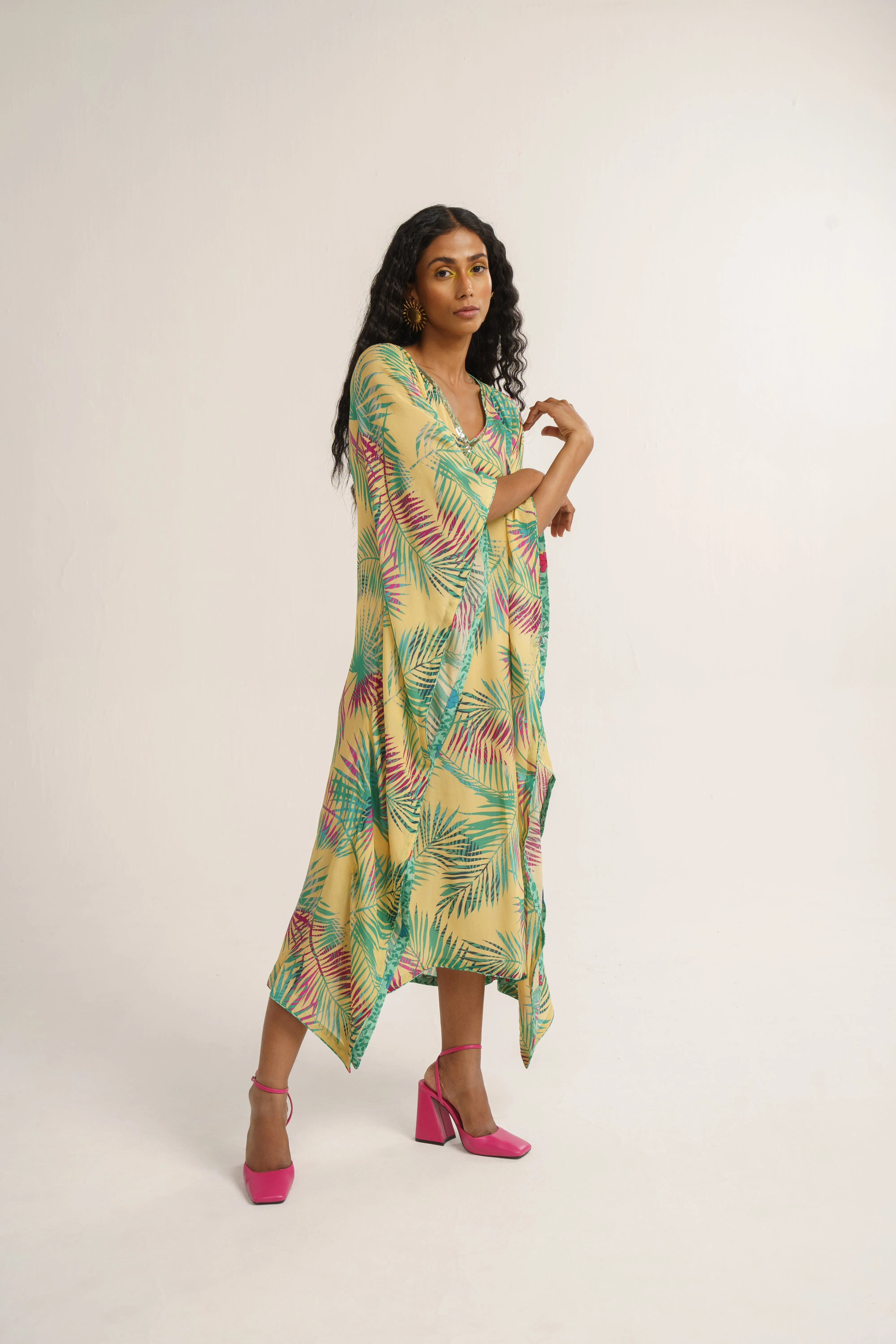 Yellow Crepe Silk Print Tropical V Neck Chrysanthemum Kaftan