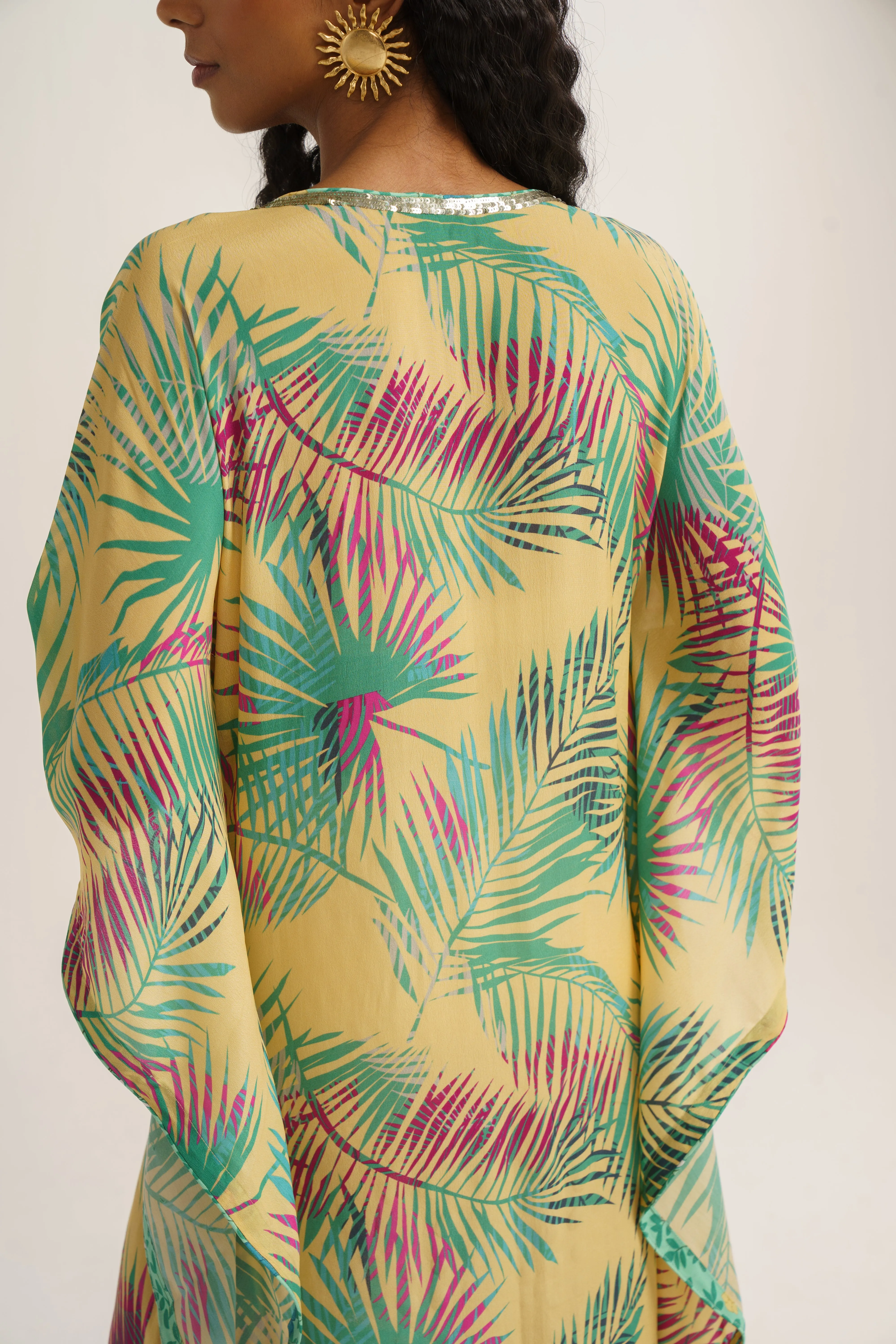 Yellow Crepe Silk Print Tropical V Neck Chrysanthemum Kaftan