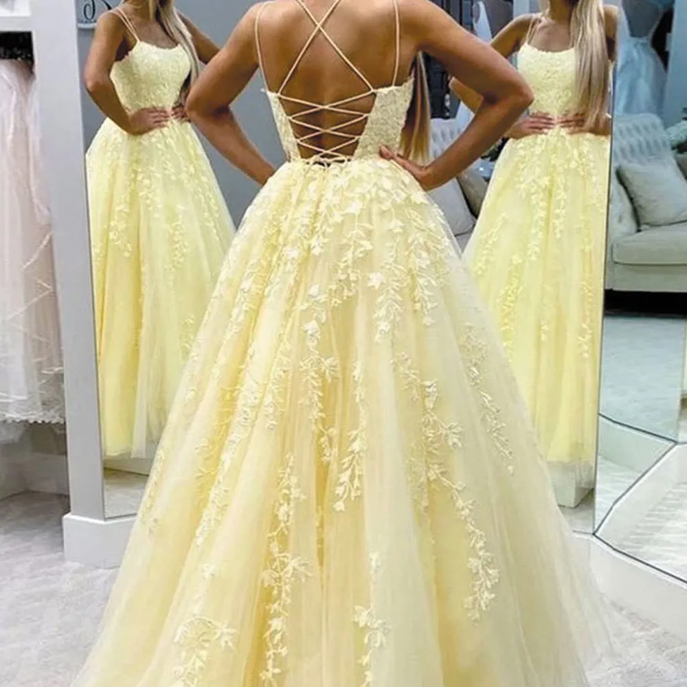 yellow lace appliqué prom dresses 2020 scoop neck a line elegant cheap prom gown robe de soiree