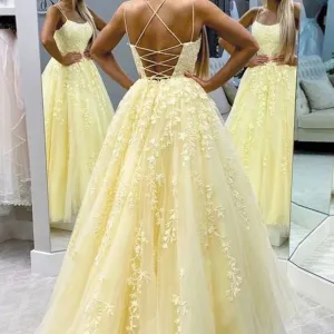 yellow lace appliqué prom dresses 2020 scoop neck a line elegant cheap prom gown robe de soiree