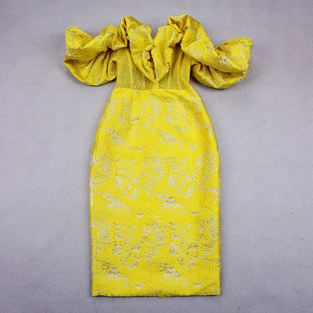 Yellow Off Shoulder Midi Bodycon Dress