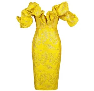 Yellow Off Shoulder Midi Bodycon Dress