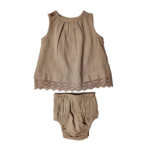 Yo Baby Oatmeal Lace Detail Infant Dress and Bloomer Set
